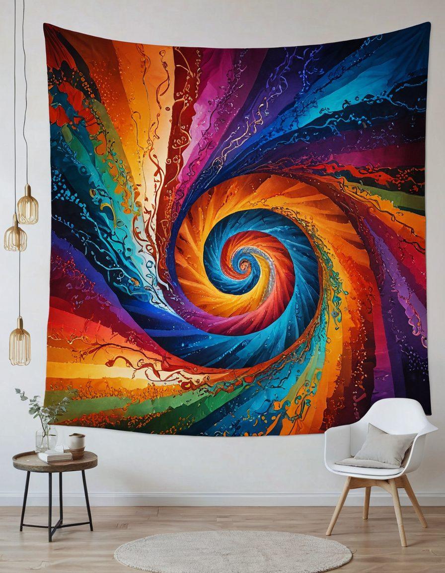 A vibrant tapestry showcasing a spiral design that blends seamlessly into a beautifully woven masterpiece, symbolizing the interconnectedness of various art forms. Include elements of color and texture to highlight the artistry, with threads and patterns intertwining organically. In the background, softly blurred details of paint splashes and fabric textures to evoke creativity. The composition should evoke a sense of warmth and celebration, inviting viewers to appreciate the beauty of art. super-realistic. vibrant colors. textured background.
