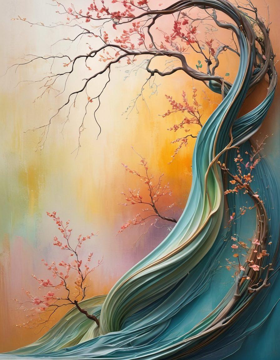 A captivating art piece portraying twisted and contorted forms, showcasing sinuous curves and elegant bends that evoke a sense of beauty and allure. The background should feature soft, flowing colors that enhance the organic shapes, with intricate details emphasizing the texture of the materials. Include elements of nature, like vines or flowing water, intertwining with the art to symbolize harmony. Illuminate the scene with warm lighting, creating depth and a dreamlike atmosphere. super-realistic. vibrant colors. artistic background.