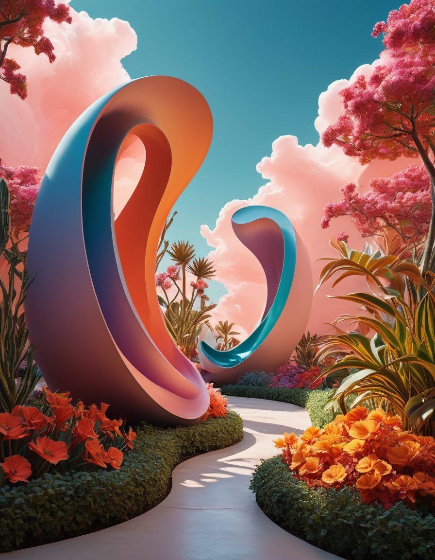 An abstract landscape featuring elegantly twisted sculptures and contorted art forms, with vibrant colors flowing seamlessly through the curves. The foreground should include surreal plants and organic shapes that echo the theme of curvature, while the background fades into a dreamy sky. Play with light and shadow to emphasize the beauty of the forms. surrealism. vibrant colors. 3D.